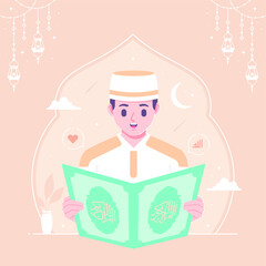islamic boy character reading quran illustration design
