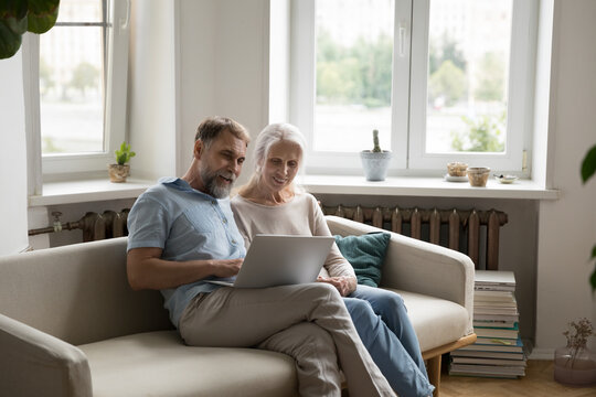 Mature couple spend time use laptop enjoy easy purchase on internet, discuss commercial offer, make order online, buy through e-commerce web store. E-services for older citizen, modern tech concept