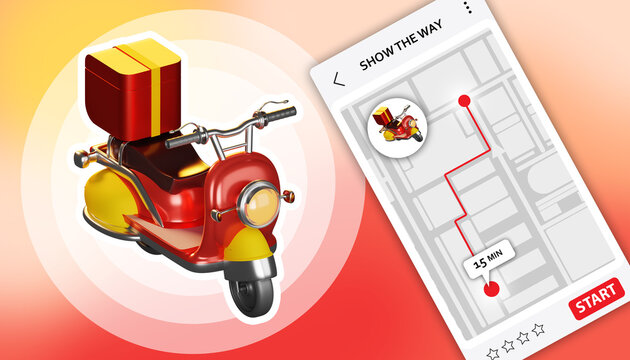 Mobile application for deliveryman or courier. City map for order delivery. City navigator. Program for finding the optimal route. Order delivery service.  Delivery scooter. Courier business. 3d image