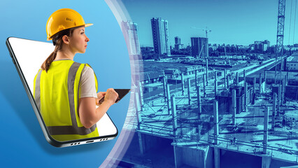 Online application for tracking construction progress. Woman watches the house construction in...