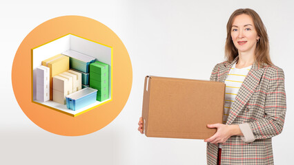 Demonstration of the self-storage unit 5 by 5 feet. Woman with a box next to the rented storage....