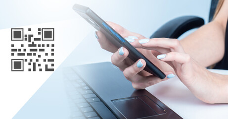 QR codes usage. Barcode technologies for identification and payments. Scan the QR code for payment and confirmation. The hand using a mobile smartphone scans the barcode.