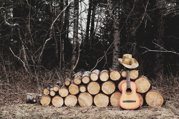 Acoustic guitar and straw country hat leaning against stacked firewood