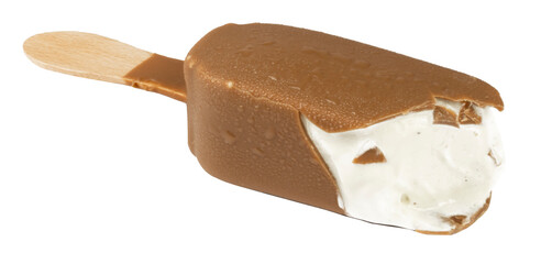 Vanilla ice cream bar on stick covered with milk chocolate isolated on white