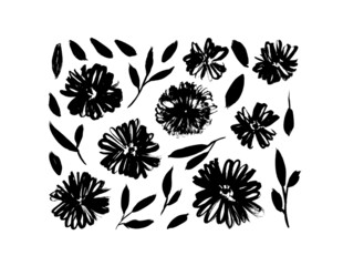 Spring flowers with black brush vector set. Hand drawn flower silhouettes. Roses, peonies, chrysanthemums isolated cliparts. Floral drawings collection. Grunge dry paint brushstrokes on white