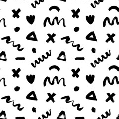 Obraz premium Chaotic ink brush scribbles decorative texture in memphis style. Hand drawn curved and wavy lines with grunge circles, triangles and crosses. Vector seamless pattern with black grunge shapes