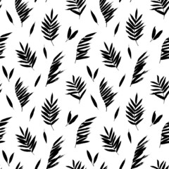 Tropical seamless pattern with black palm leaves. Hand drawn vector floral background. Sketchy modern palm leaves with grunge texture. Abstract tropical summer background. Vector illustration.