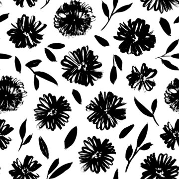 Brush black loose leaves and flowers vector seamless pattern. Hand drawn black paint ink illustration with abstract floral motif. Hand drawn painting for your fabric, wrapping paper, wallpaper design