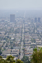 aerial view of downtown skyscrapers on a smoggy day