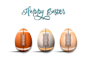 Happy Easter. Set eggs decorated in the form of a football balls different colors. Eggs shaped football balls. Pattern for greeting card, banner, poster. Vector illustration on isolated background