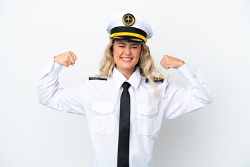 Airplane Brazilian pilot isolated on white background doing strong gesture