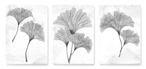 Black and white art background with ginkgo leaves in art line style. Botanical poster with watercolor leaves in art line style for decor, design, wallpaper, packaging.