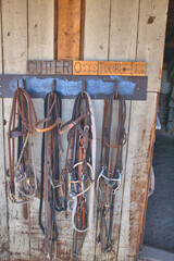 Horse supplies in a tack shed on a ranch