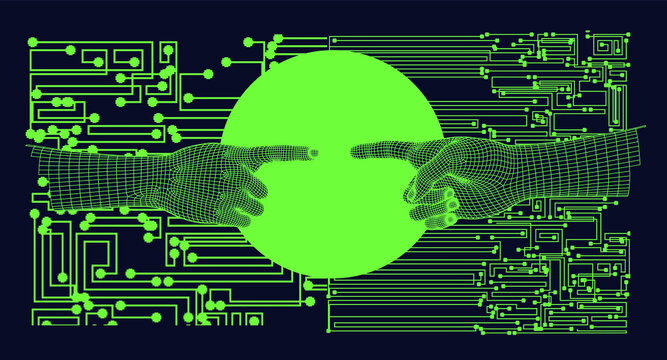 Low polygonal 3D hands going to touch together. Vector illustration in retrofuturistic vaporwave style.