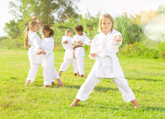 Naklejka na ściany i meble Cute little girl in white kimono training karate in park outdoors together with her friends