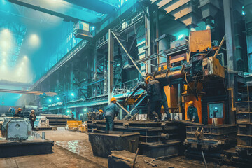 Steel mill interior inside. Workers in workshop of metallurgical plant. Foundry and heavy industry...