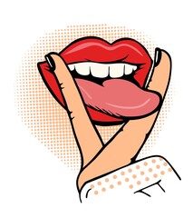 Red vector pop comic lips with tongue.Clip Art with fingers Letter V hand gesture.Victory symbol.Tongue sticking out of mouth.Woman halftone dots face drawing.T shirt print design. Cricut plotter cut
