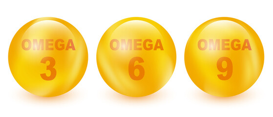 Vector Omega acids three six and nine fish oil pill isolated on white background. Acid epa dha 3, 6 and 9 organic vitamin nutrient