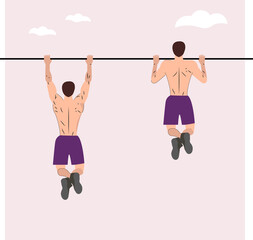 The man pulls himself up with a purple shorts in flat style 