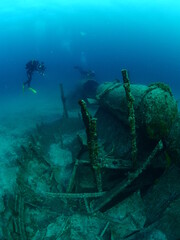 Fototapeta na wymiar water supply shipwreck from world war I underwater canakkale gallipoli turkey metal on sea floor