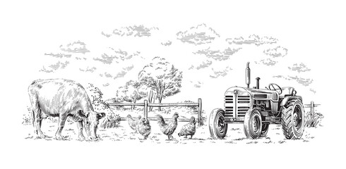 farm hand drawing sketch engraving illustration style