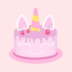 Birthday cake with unicorn and cherry in 3d style