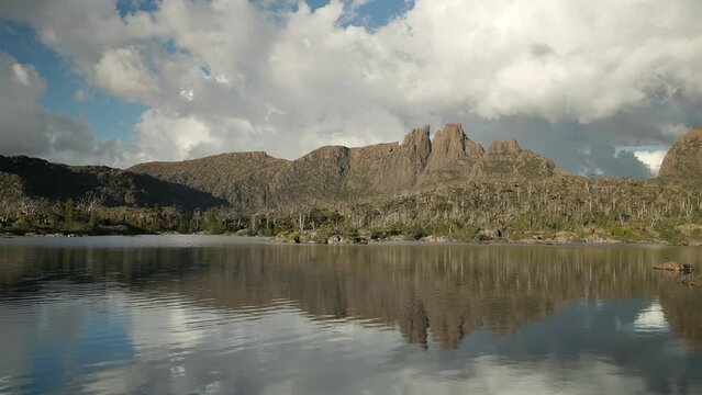 an afternoon wide shot of mt geryon and lake elysia at the labyrinth in cradle mountain-lake st clair national park of tasmania, australia