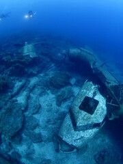 airplane wreck c47 dakota aircraft underwater propeller airplane engine metal on ocean floor scuba...