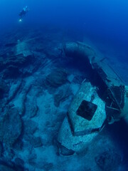 airplane wreck c47 dakota aircraft underwater propeller airplane engine metal on ocean floor scuba...