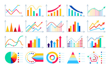 Infographic diagram graphic plan colorful flat set. Financial analysis work data rating success defeat. Business process presentation marketing strategy arrow investing growth result fall isolated