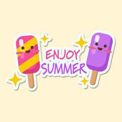 Vector summer cards with fruits and phrases. Beautiful posters, stickers for kids' t-shirts, rooms, or bedrooms. Backgrounds with summer fruits, ice cream, trees, and sun. Hand-drawn letters.
