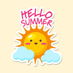 Vector summer cards with fruits and phrases. Beautiful posters, stickers for kids' t-shirts, rooms, or bedrooms. Backgrounds with summer fruits, ice cream, trees, and sun. Hand-drawn letters.