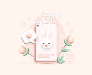 Happy easter 3d design. Realistic pink smartphone with bunny face, message and flowers. Greeting card, banner, holiday design. Vector illustration