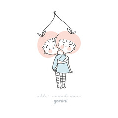 Gemini zodiac sign illustration. Astrological horoscope symbol character for kids. Line art cute card in pastel colors. Hand draw vector design in cartoon style