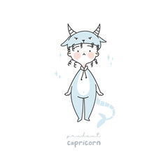 Capricorn zodiac sign illustration. Astrological horoscope symbol character for kids. Line art cute card in pastel colors. Hand draw vector design in cartoon style