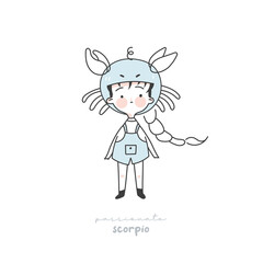 Zodiac sign scorpio illustration. Astrological horoscope symbol character for kids. Line art cute card in pastel colors. Hand draw vector design in cartoon style