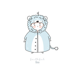 Zodiac sign Leo illustration. Astrological horoscope symbol character for kids. Line art cute card in pastel colors. Hand draw vector design in cartoon style