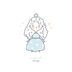 Virgo zodiac sign illustration. Astrological horoscope symbol character for kids. Line art cute card in pastel colors. Hand draw vector design in cartoon style