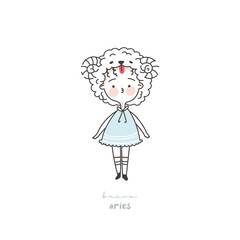 Aries zodiac sign illustration. Astrological horoscope symbol character for kids. Line art cute card in pastel colors. Hand draw vector design in cartoon style
