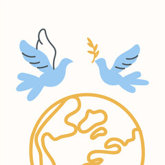 Flying dove and planet earth. Minimalistic illustration for International Day of Peace. Vector