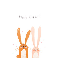 Happy easter cute bunny illustration. Hand draw funny card with rabbit in cartoon style. Vector
