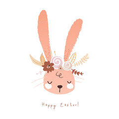 Happy easter bunny face with flowers. Hand drawn illustration with rabbit head in cartoon style. Vector