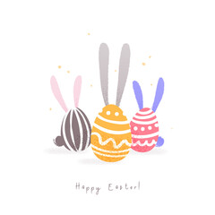 Easter eggs with rabbit ears. Funny hand draw illustration in cartoon style. Vector