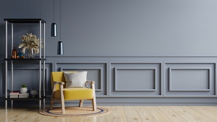 Living room interior wall mock up with yellow armchair on empty dark wall background.