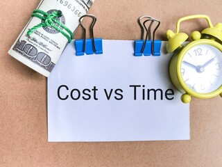 Phrase cost versus time written on white paper with alarm clock and money.