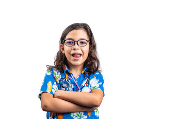 preteen boy with autism looking at the camera on white background with his mouth open and his arms crossed