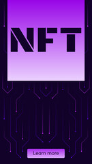 NFT concept, blockchain technology, cryptocurrency. Non-fungible token Work. Futuristic background, with elements in techno style microchips. Banner template design for web. Copyspace.