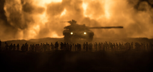 Creative artwork decoration war on Ukraine. Crowd looking on giant explosion and attacking soldiers.