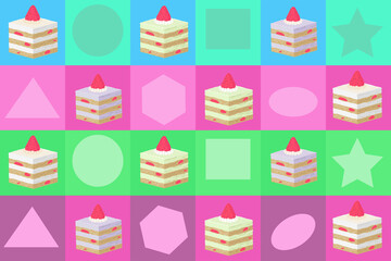 Cake is a fabric pattern or wallpaper in alternating colors with various shapes in spaces.
