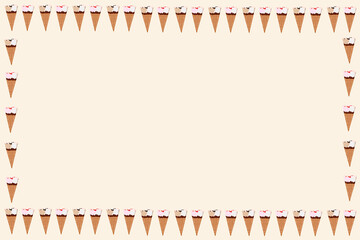 Two flavors of ice cream cones alternating chocolate and strawberry. Surrounded by pastel colors like a picture frame, or put text in an empty space with cute and appetizing colors.